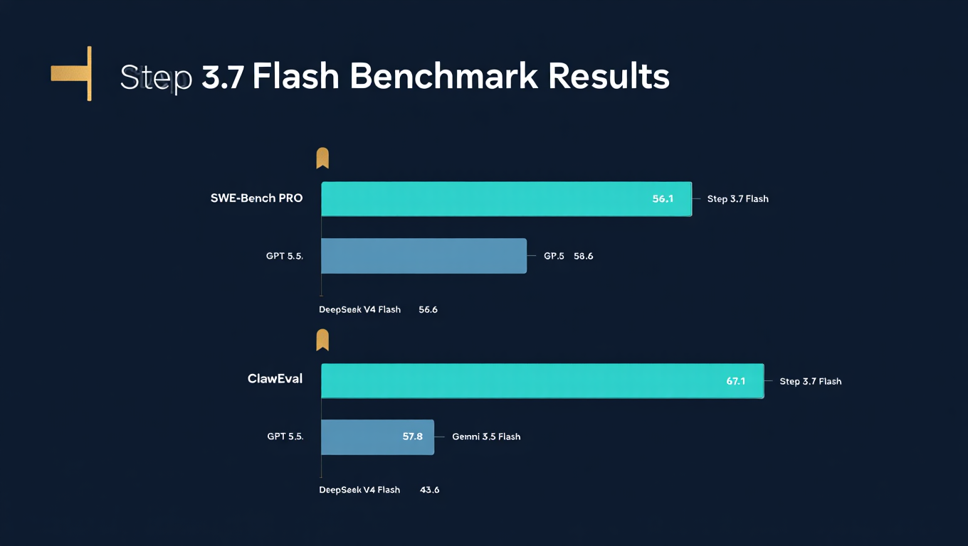 Step 3.7 Flash benchmark comparison: SWE-Bench PRO and ClawEval-1.1 scores versus competitors