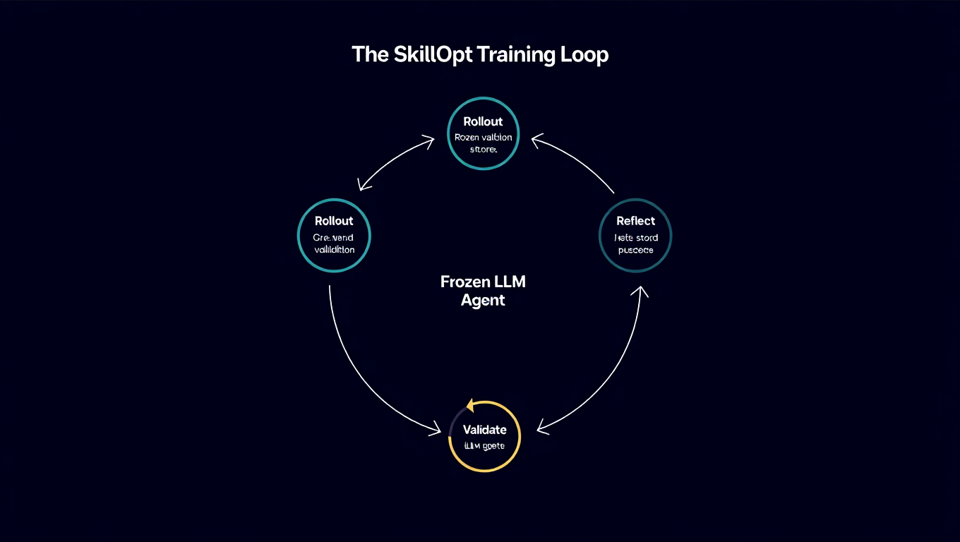 The SkillOpt Training Loop: Rollout, Reflect, Edit, Validate cycle for optimizing agent skills