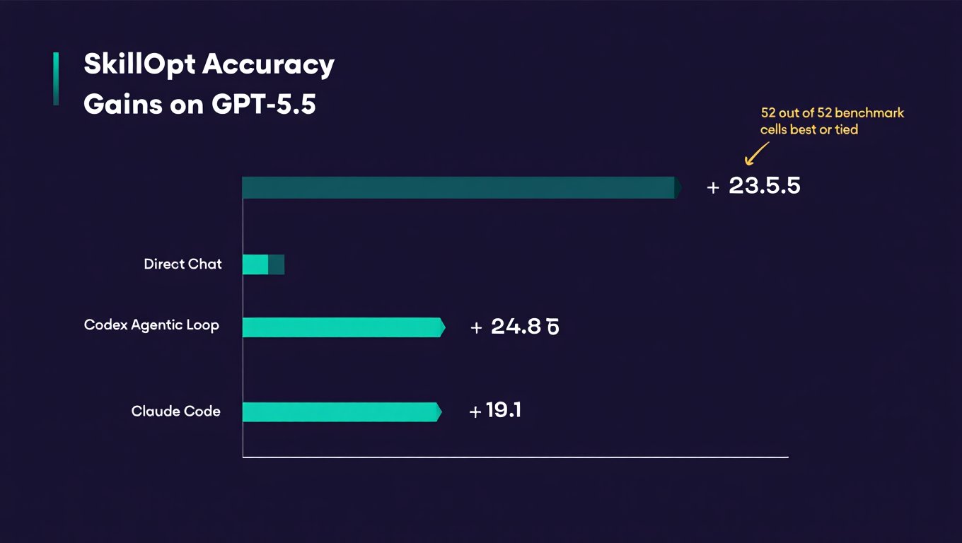 SkillOpt accuracy gains: +23.5 pts on GPT-5.5 direct chat, +24.8 on Codex, +19.1 on Claude Code