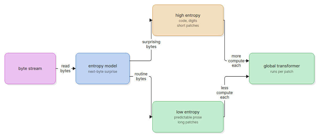 Dynamic entropy patching diagram showing short patches on high entropy data and long patches on predictable data