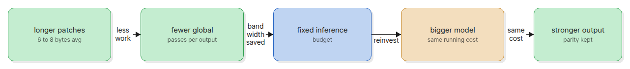 Diagram of BLT cost structure showing patch growth funding model growth at fixed inference budget