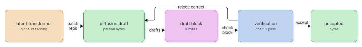 BLT-D diffusion decoding flow diagram with parallel byte generation and verification pass