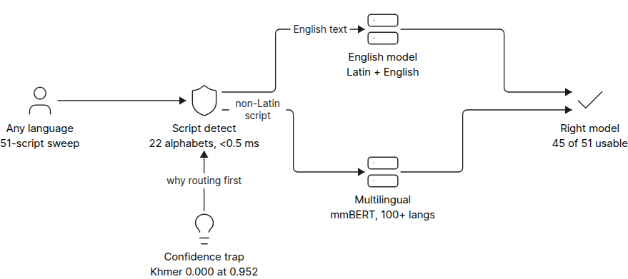Diagram of Laya language routing with script detection sending text to the English or multilingual checkpoint
