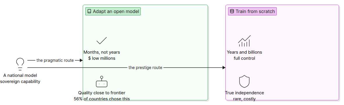 Two paths diagram comparing adapting an open model versus training from scratch