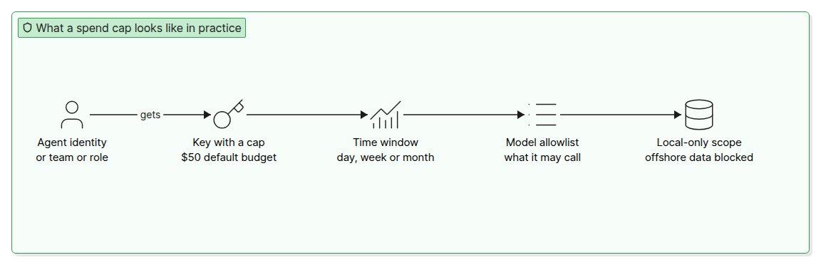 Spend control diagram showing agent identity, budgeted key, time window, model allowlist and local-only scope