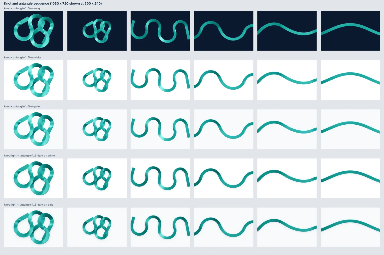 A knot of ribbon untangling into a smooth line, shown on navy, white and pale backgrounds