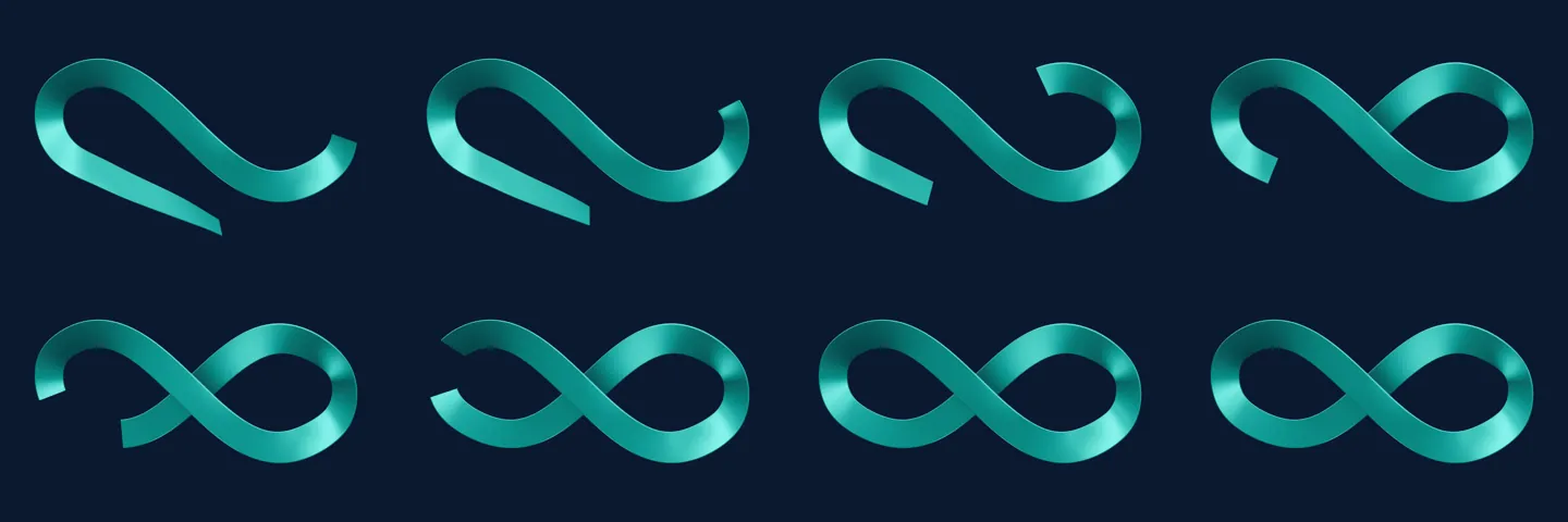 A sheet of rendered satin ribbon variants on navy, from an open strip to a closed infinity loop