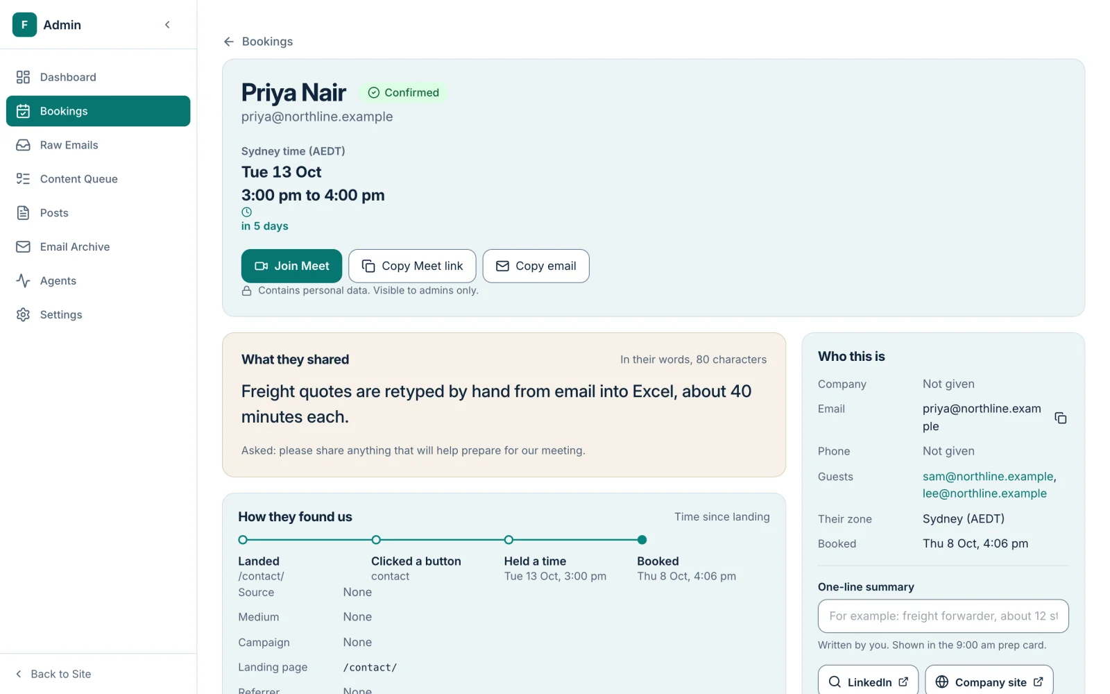Screenshot of the admin client profile: the booking time, what the client shared, how they found us from landing page to booking, guests and contact details.
