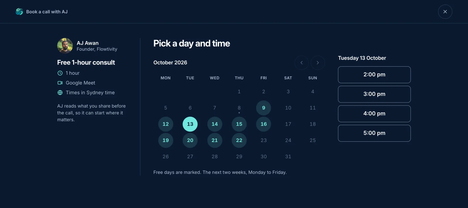 Screenshot of the Flowtivity booking calendar on desktop: AJ's photo and a free 1-hour consult summary on the left, an October month calendar with free days marked in the middle, and the chosen day's times on the right.