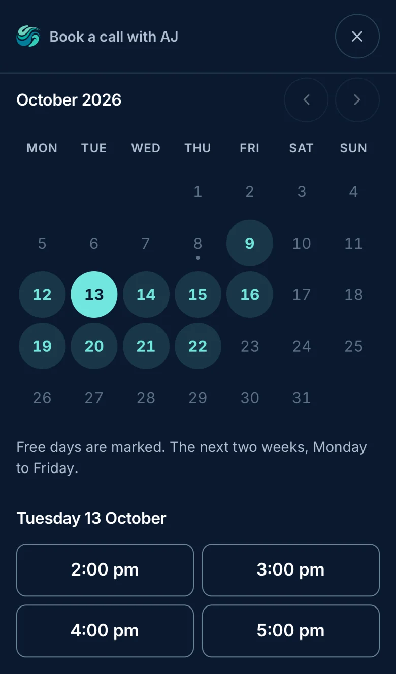 Phone screenshot: the month calendar with free days marked and the chosen day's times below.