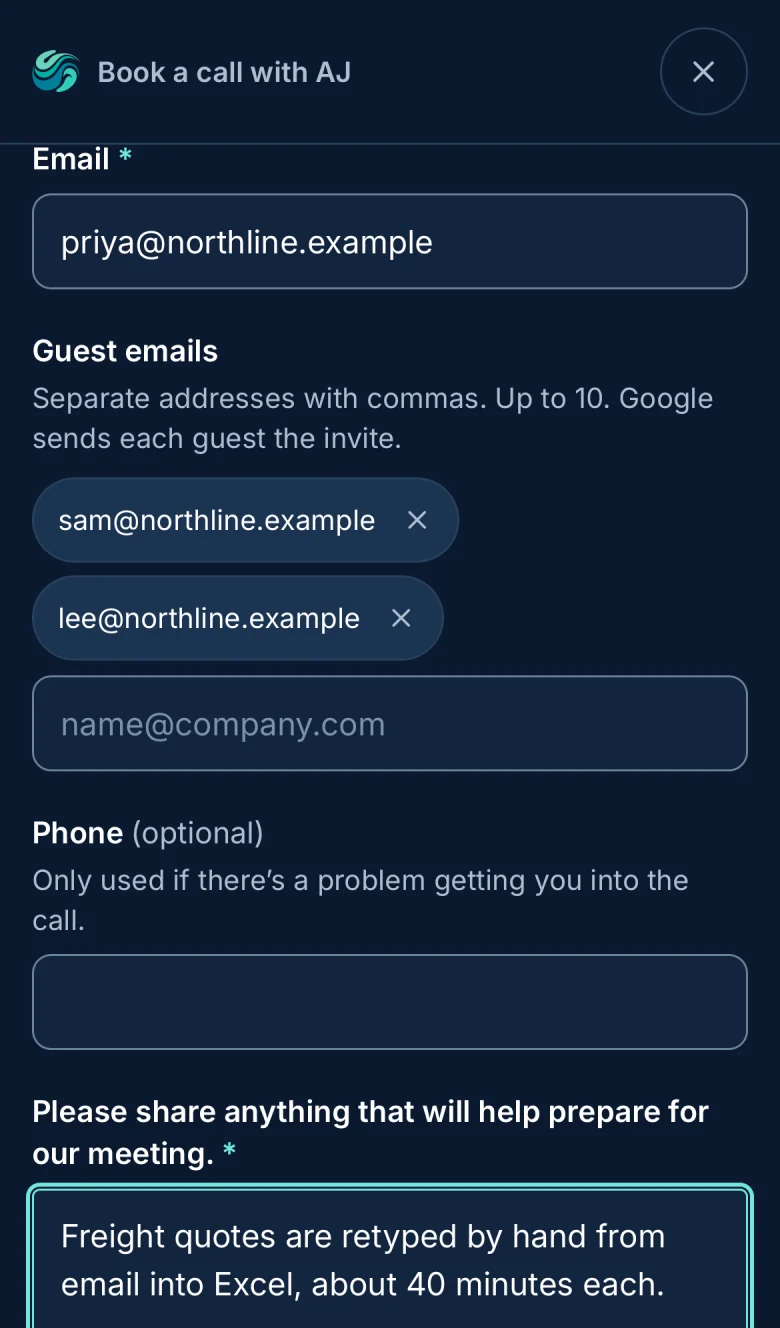 Phone screenshot: the details form with two guest emails added as chips, an optional phone field and the required prep question.